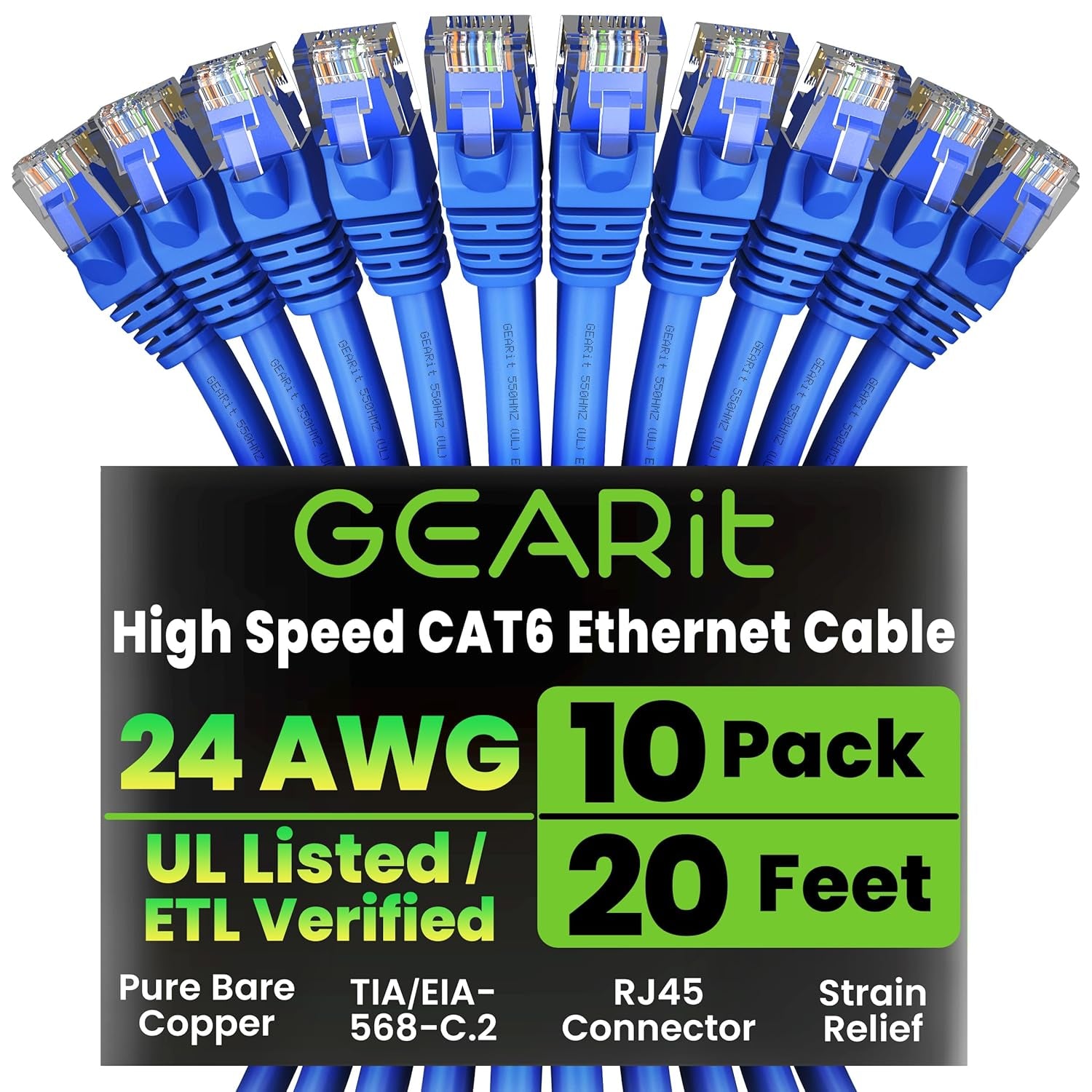 Gearit Cat 6 Ethernet Cable (10-Pack 10 Feet) Cat6 Network Patch, 10Gbps, RJ45, Snagless Cord, Gold-Plated Connectors, Internet for PC, TV, Tablet, Router, Printer, Servers, IT Data Center - Green