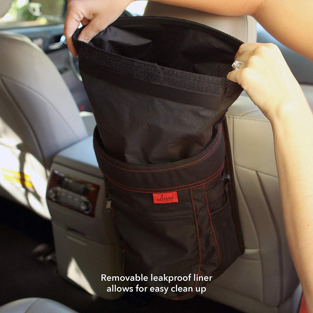 Lusso Gear Car Trash Can - 2.5-Gallon, Black, round - Leak-Proof & Spill-Proof Lid & Waterproof Removable Liner - Hanging Car Trash Bin & Organizer for SUV, Truck & Minivan
