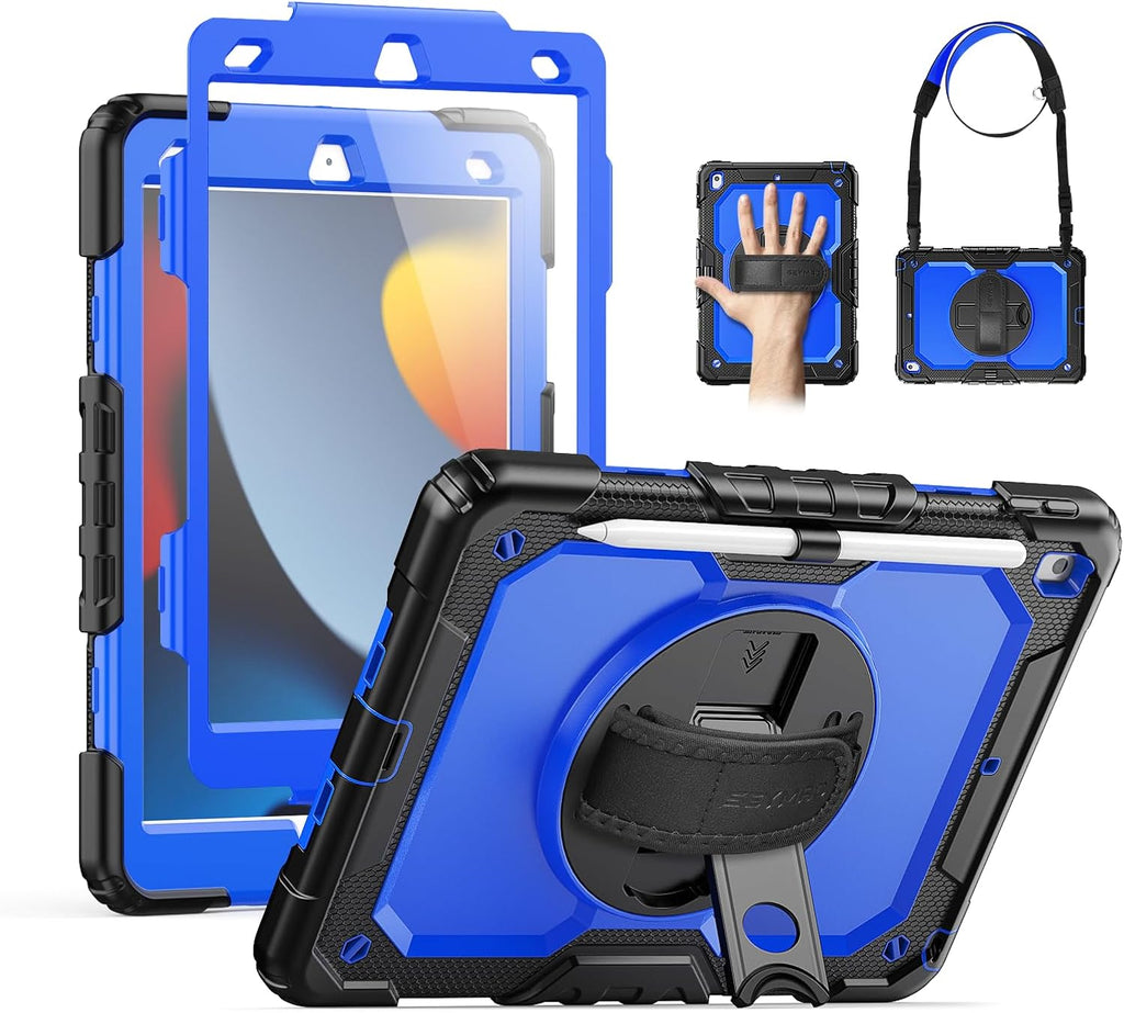 SEYMAC for Ipad 9Th/8Th/7Th Generation Case 10.2" 2021-2019, Full-Body Shockproof Heavy Duty Protective Case with Screen Protector, Rotating Stand/Handle/Shoulder Strap for Ipad 10.2, Black/Blue