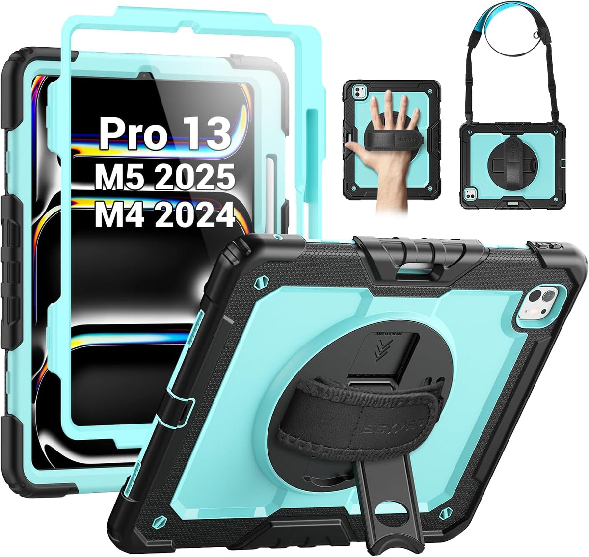 SEYMAC for Ipad 9Th/8Th/7Th Generation Case 10.2" 2021-2019, Full-Body Shockproof Heavy Duty Protective Case with Screen Protector, Rotating Stand/Handle/Shoulder Strap for Ipad 10.2, Black/Blue