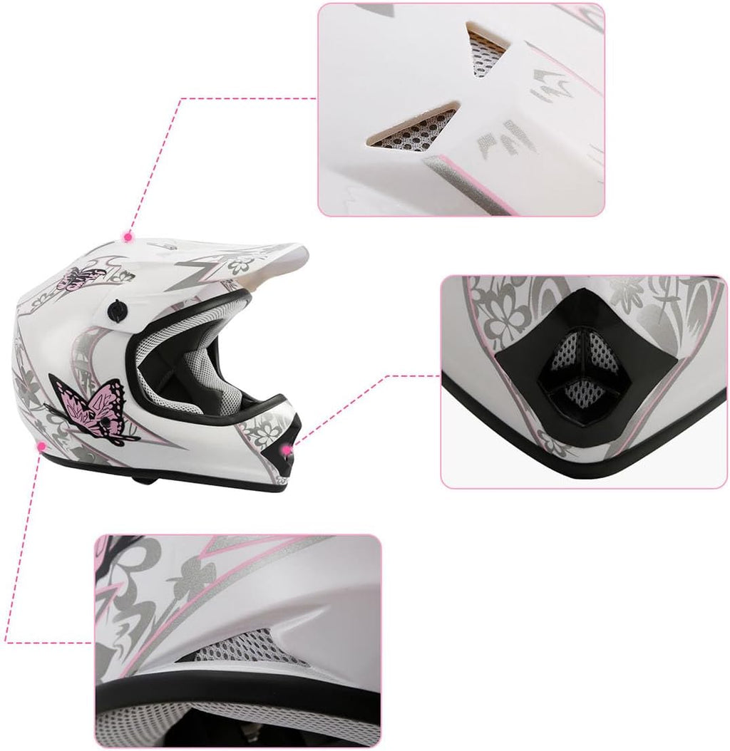 TCT-MOTORPARTS DOT Youth Kids Dirt Bike Full Face Helmets Motocross ATV Offroad Four Wheeler Helmet Pink Butterfly Medium Size