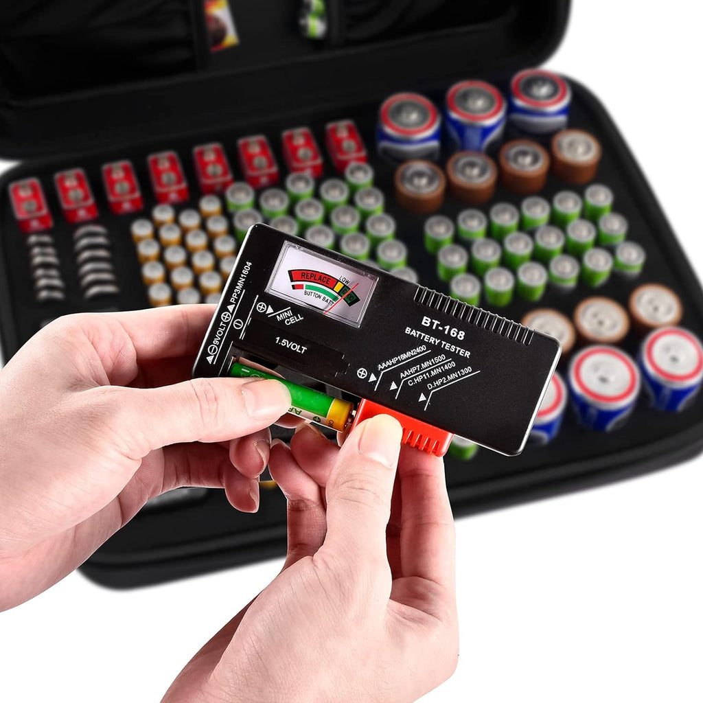 Comecase Battery Organizer Storage Case, Battery Vault Carrying Container Bag Holder - Holds 148+ Batteries AA AAA AAAA C D 9V Button Cell - with BT-168 Tester for Home&Garage- Black(Box Only)