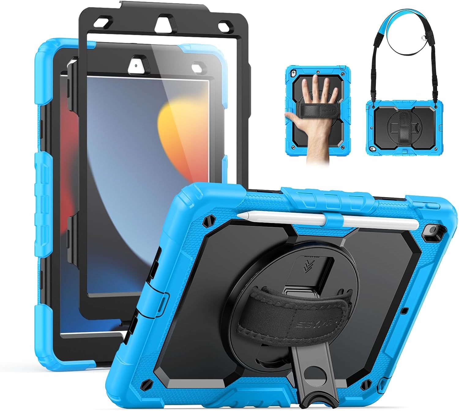 SEYMAC for Ipad 9Th/8Th/7Th Generation Case 10.2" 2021-2019, Full-Body Shockproof Heavy Duty Protective Case with Screen Protector, Rotating Stand/Handle/Shoulder Strap for Ipad 10.2, Black/Blue
