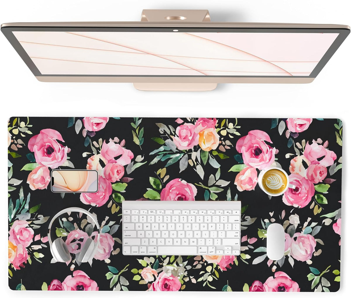 QIYI Large Mouse Pad, Cute Pink Desk Mat for Desktop, Women Girls PU Leather Desk Pad Waterproof Gaming Mousepad, Rose Gold Marble Computer Protector Writing Pad for School Office Home 31.5" X 15.7"