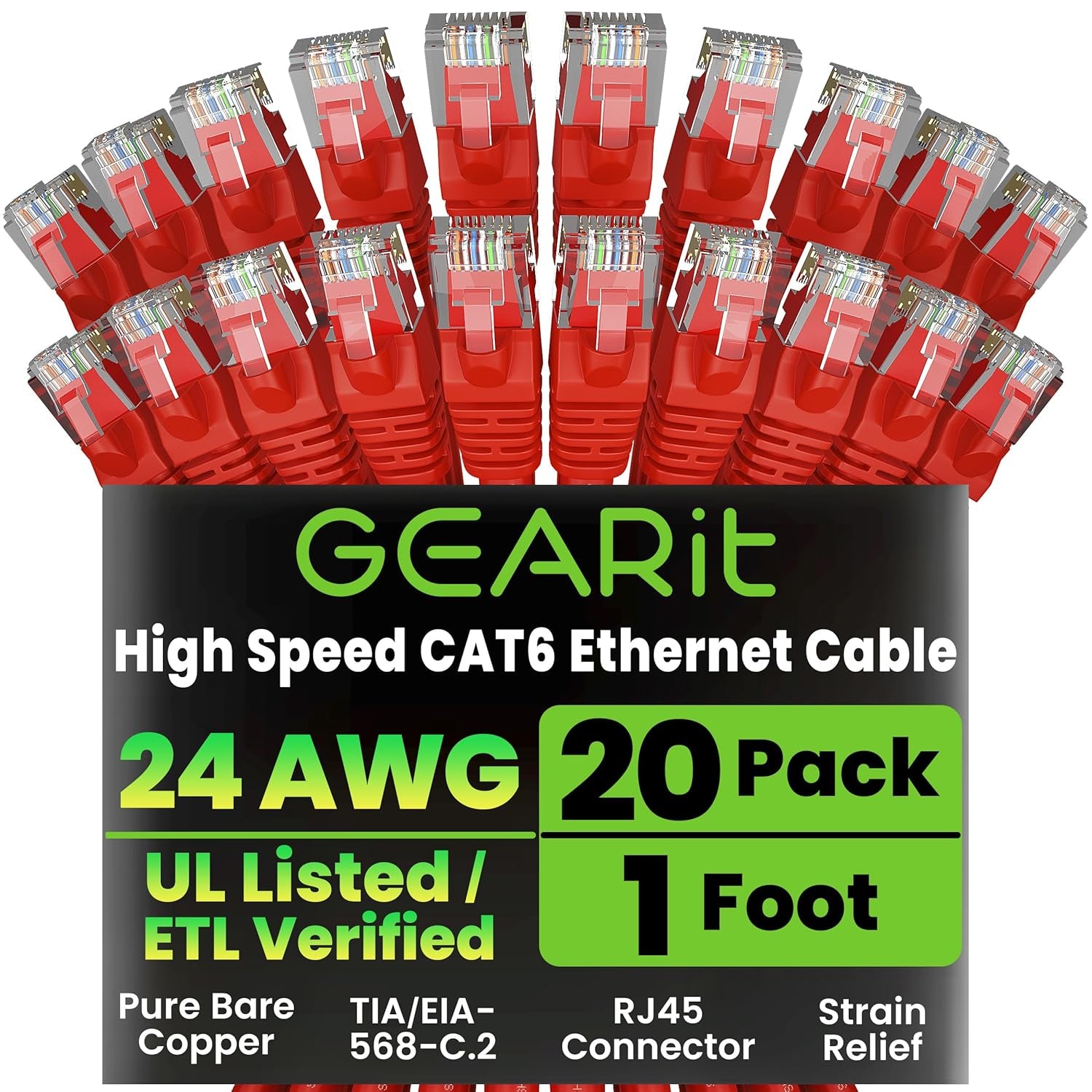 Gearit Cat 6 Ethernet Cable (10-Pack 10 Feet) Cat6 Network Patch, 10Gbps, RJ45, Snagless Cord, Gold-Plated Connectors, Internet for PC, TV, Tablet, Router, Printer, Servers, IT Data Center - Green