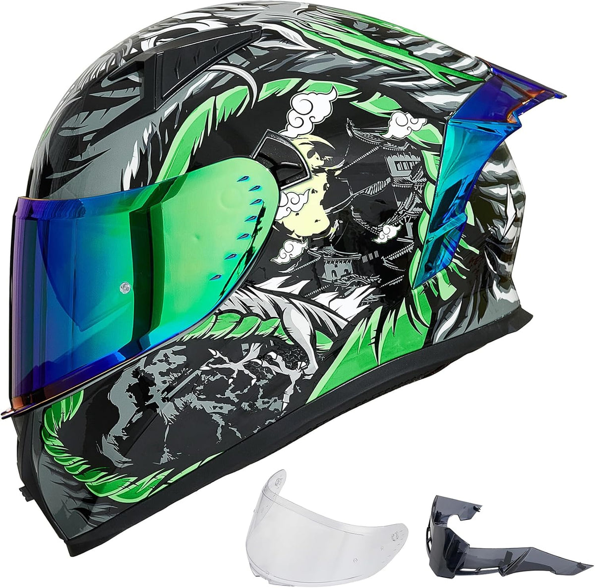 ILM Motorcycle Helmet Full Face with Pinlock Compatible Clear&Tinted Visors and Fins Street Bike Motocross Casco DOT Model Z501(Legend Green, Medium)