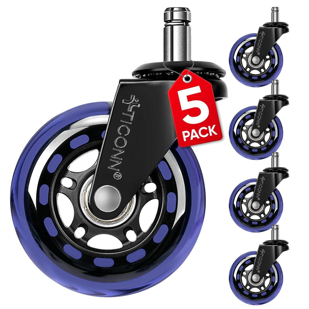 TICONN Office Chair Caster Wheels Set of 5 for Tile, Hardwood Floors and Carpets, Universal Fit for Most Chairs (Black)