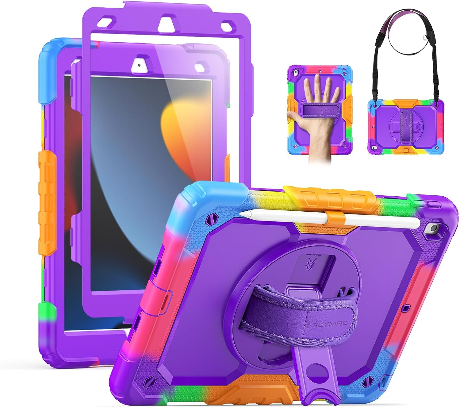 SEYMAC for Ipad 9Th/8Th/7Th Generation Case 10.2" 2021-2019, Full-Body Shockproof Heavy Duty Protective Case with Screen Protector, Rotating Stand/Handle/Shoulder Strap for Ipad 10.2, Black/Blue