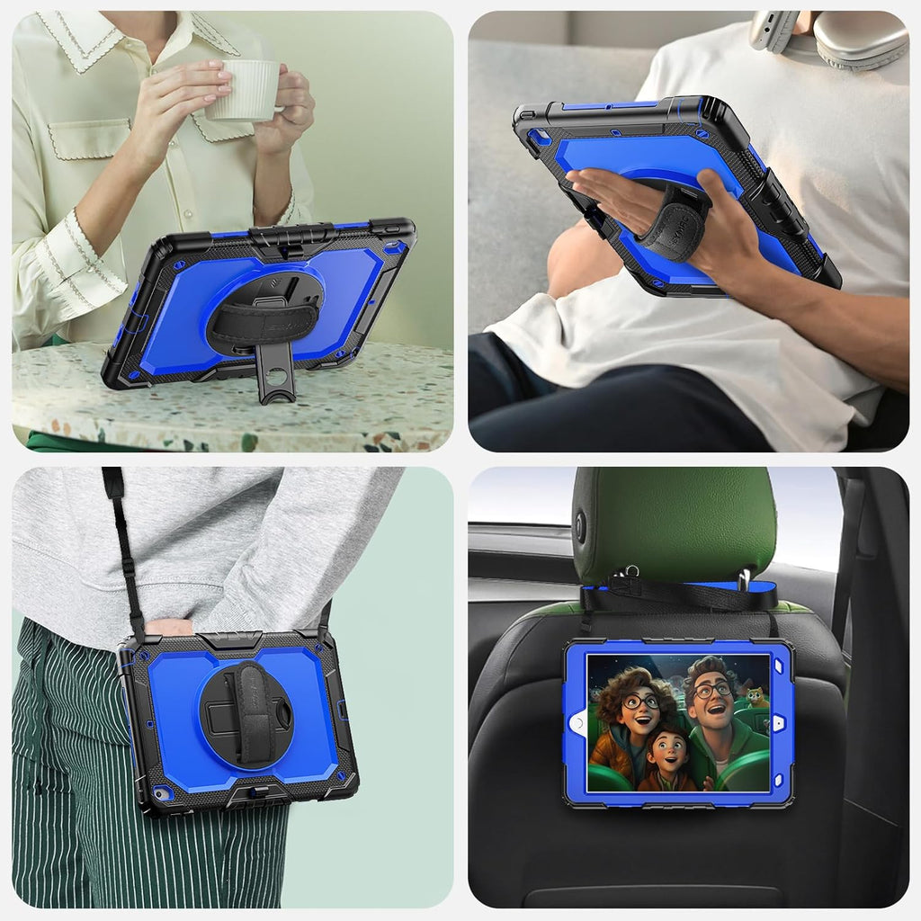 SEYMAC for Ipad 9Th/8Th/7Th Generation Case 10.2" 2021-2019, Full-Body Shockproof Heavy Duty Protective Case with Screen Protector, Rotating Stand/Handle/Shoulder Strap for Ipad 10.2, Black/Blue
