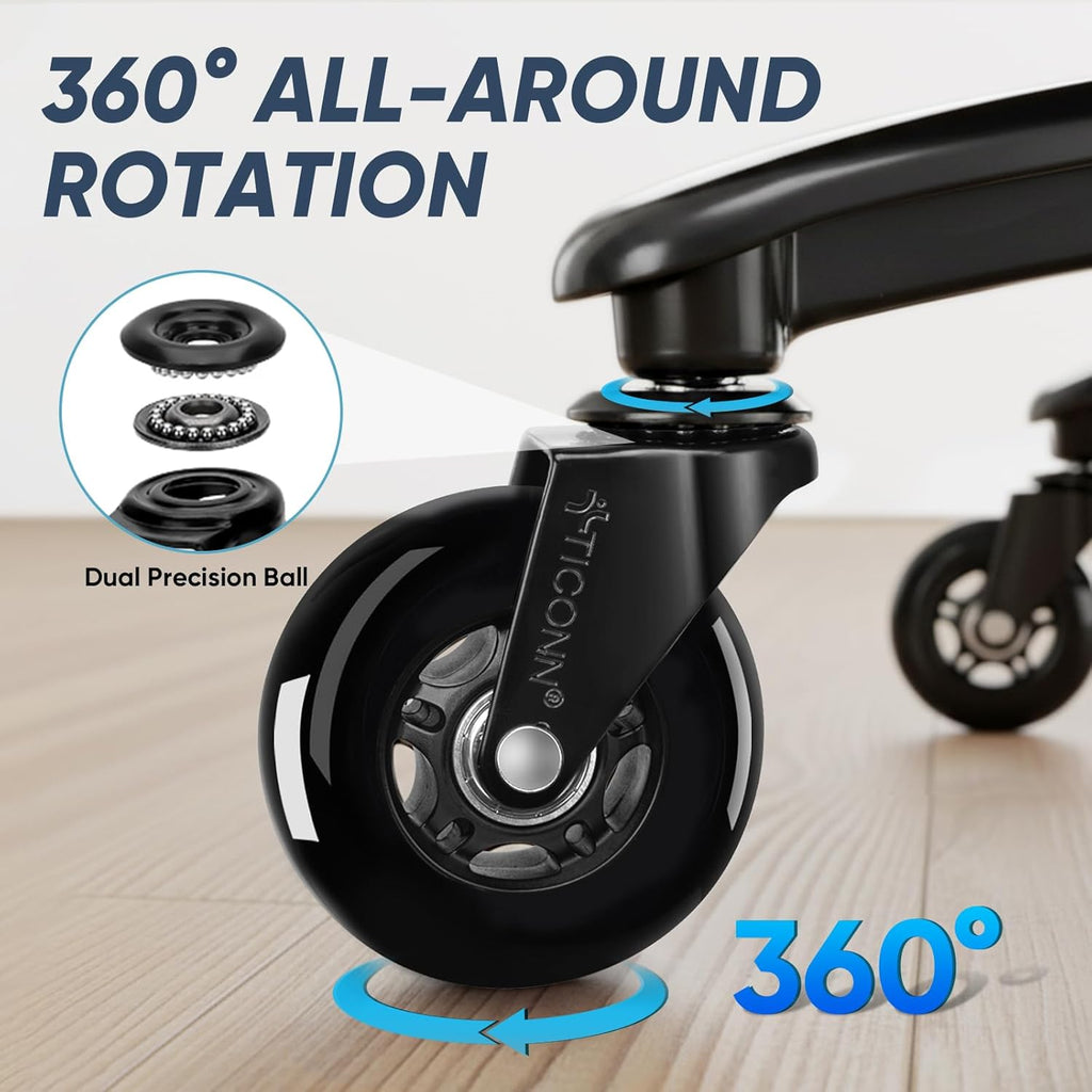 TICONN Office Chair Caster Wheels Set of 5 for Tile, Hardwood Floors and Carpets, Universal Fit for Most Chairs (Black)