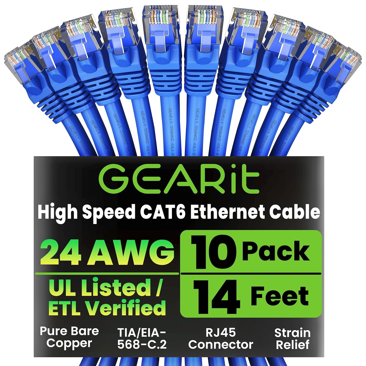 Gearit Cat 6 Ethernet Cable (10-Pack 10 Feet) Cat6 Network Patch, 10Gbps, RJ45, Snagless Cord, Gold-Plated Connectors, Internet for PC, TV, Tablet, Router, Printer, Servers, IT Data Center - Green