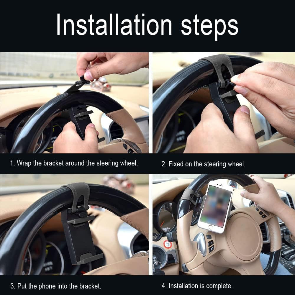 HAOBO Car Phone Holder - Adjustable Car Cradle, Steering Wheel Phone Mount, Universal Mobile Phone Mount, Hands Free Automobile Cell Phone Holder for Most Steering Wheels (Black)