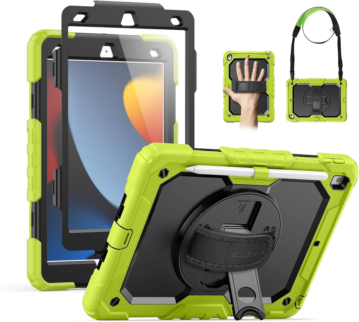 SEYMAC for Ipad 9Th/8Th/7Th Generation Case 10.2" 2021-2019, Full-Body Shockproof Heavy Duty Protective Case with Screen Protector, Rotating Stand/Handle/Shoulder Strap for Ipad 10.2, Black/Blue
