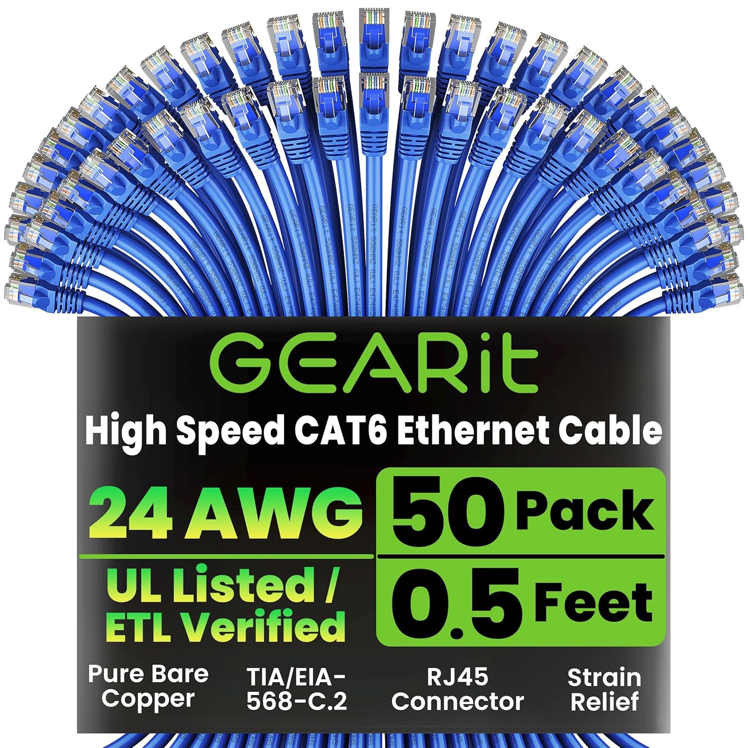 Gearit Cat 6 Ethernet Cable (10-Pack 10 Feet) Cat6 Network Patch, 10Gbps, RJ45, Snagless Cord, Gold-Plated Connectors, Internet for PC, TV, Tablet, Router, Printer, Servers, IT Data Center - Green