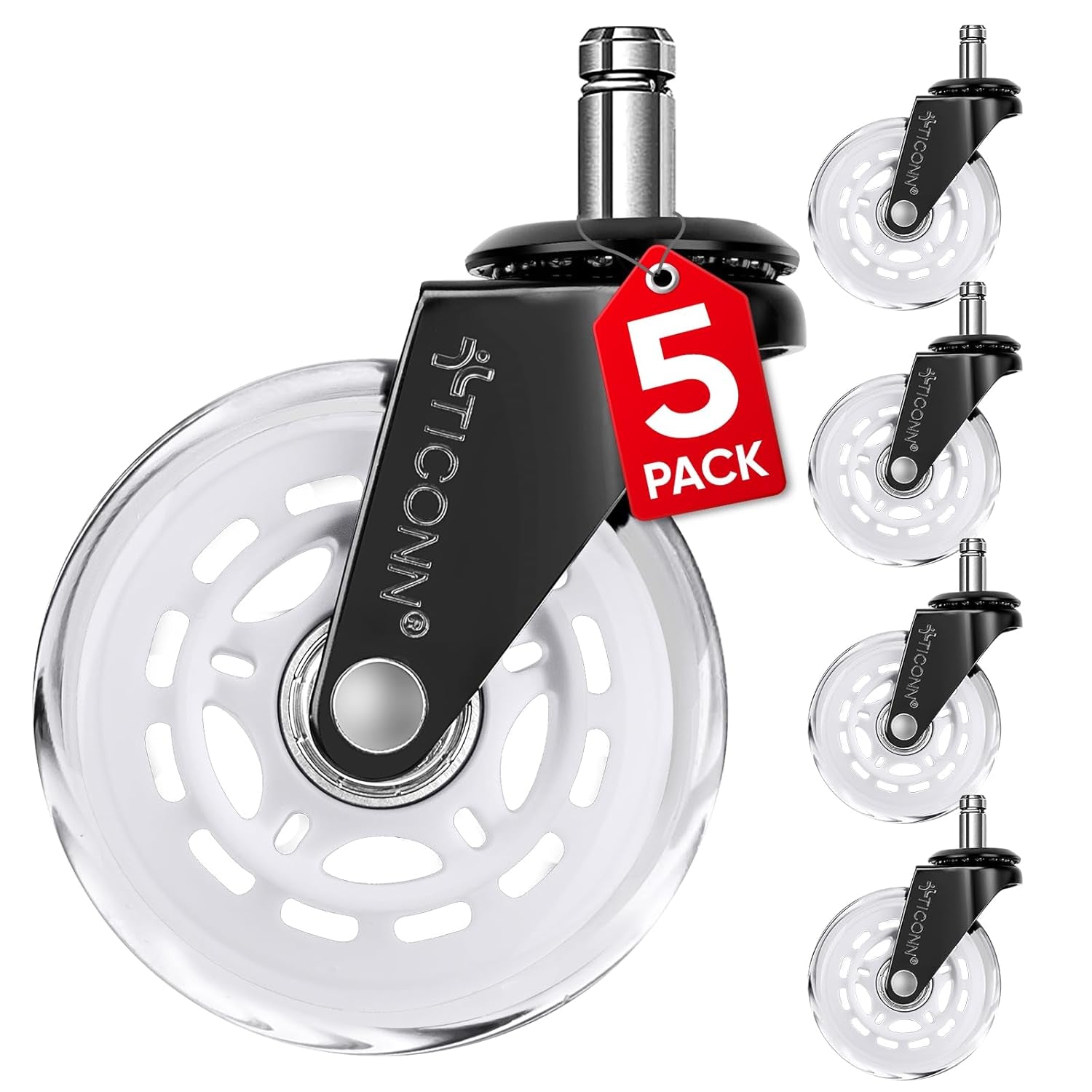 TICONN Office Chair Caster Wheels Set of 5 for Tile, Hardwood Floors and Carpets, Universal Fit for Most Chairs (Black)