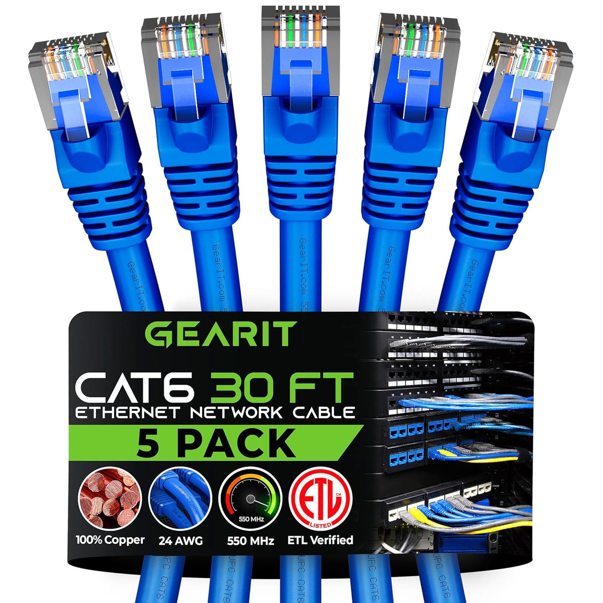 Gearit Cat 6 Ethernet Cable (10-Pack 10 Feet) Cat6 Network Patch, 10Gbps, RJ45, Snagless Cord, Gold-Plated Connectors, Internet for PC, TV, Tablet, Router, Printer, Servers, IT Data Center - Green
