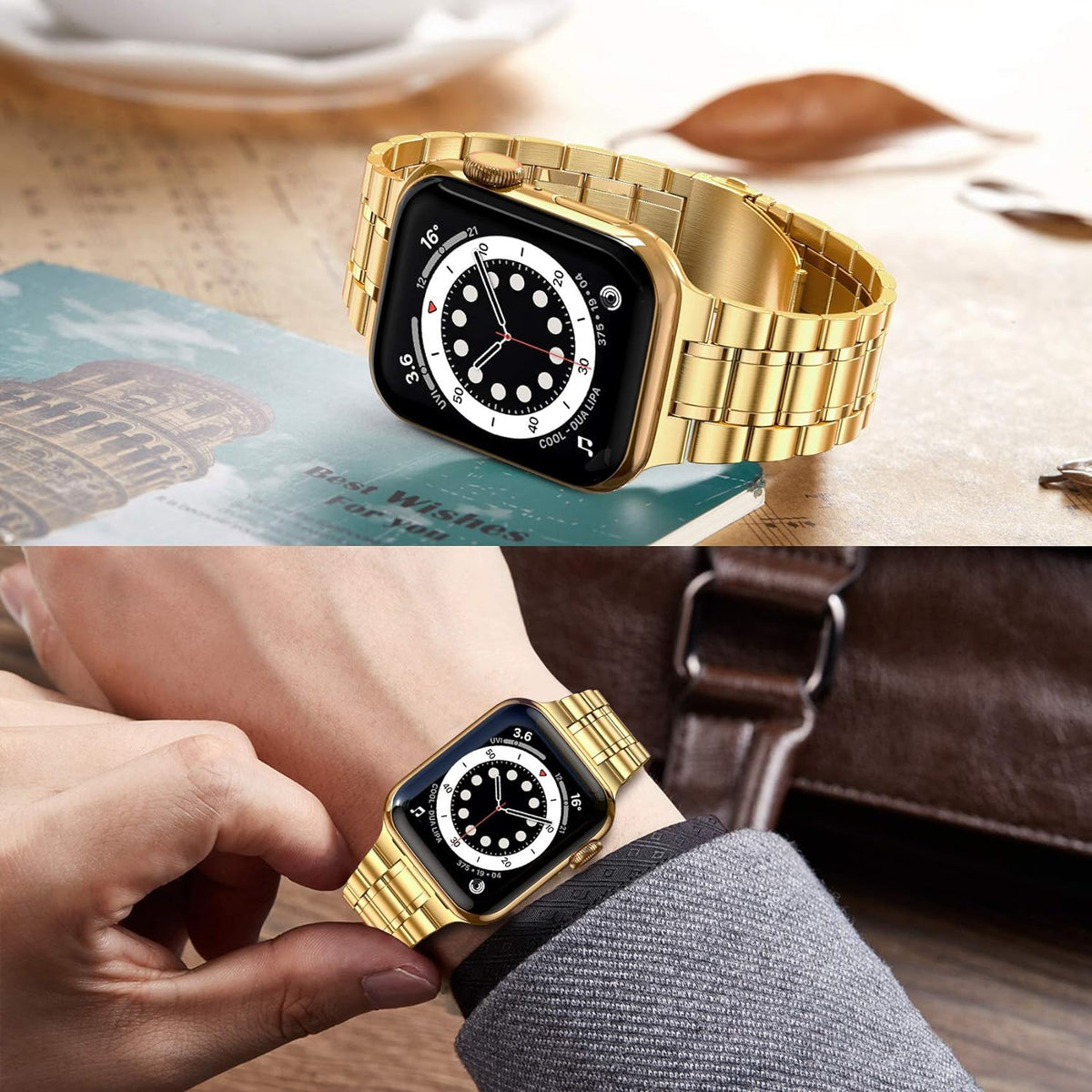 Miohhr Solid Stainless Steel Band Compatible with Apple Watch 44Mm(Series 6/5/4/SE), 42Mm (Series 3/2/1), Metal Strap with Soft TPU Case for Iwatch Bands for Women and Men, Gold