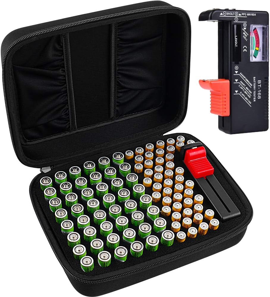 Comecase Battery Organizer Storage Case, Battery Vault Carrying Container Bag Holder - Holds 148+ Batteries AA AAA AAAA C D 9V Button Cell - with BT-168 Tester for Home&Garage- Black(Box Only)