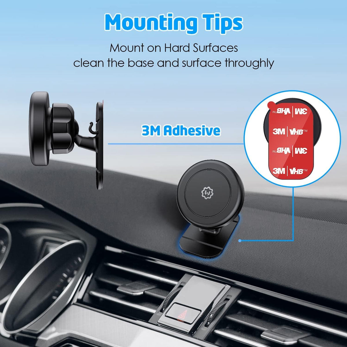 Wixgear 3M [6 Pack] Sticky Adhesive Pads Replacement Mounting Tape, Dashboard Sticker for Magnetic Phone Car Mount, Double Sided 3M Adhesive Pads, with 2 Dry Wipes