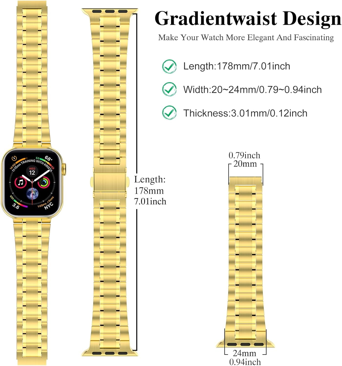 Miohhr Solid Stainless Steel Band Compatible with Apple Watch 44Mm(Series 6/5/4/SE), 42Mm (Series 3/2/1), Metal Strap with Soft TPU Case for Iwatch Bands for Women and Men, Gold
