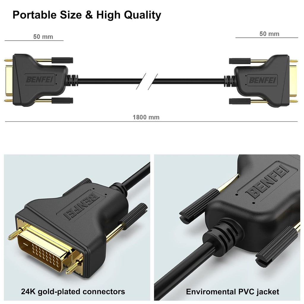 BENFEI DVI to DVI Cable, 1.8 Meter DVI-D 24+1 Gold Plated Cable, Dual Link Support High Resolution 2560X1600 for Gaming, DVD, Laptop, HDTV