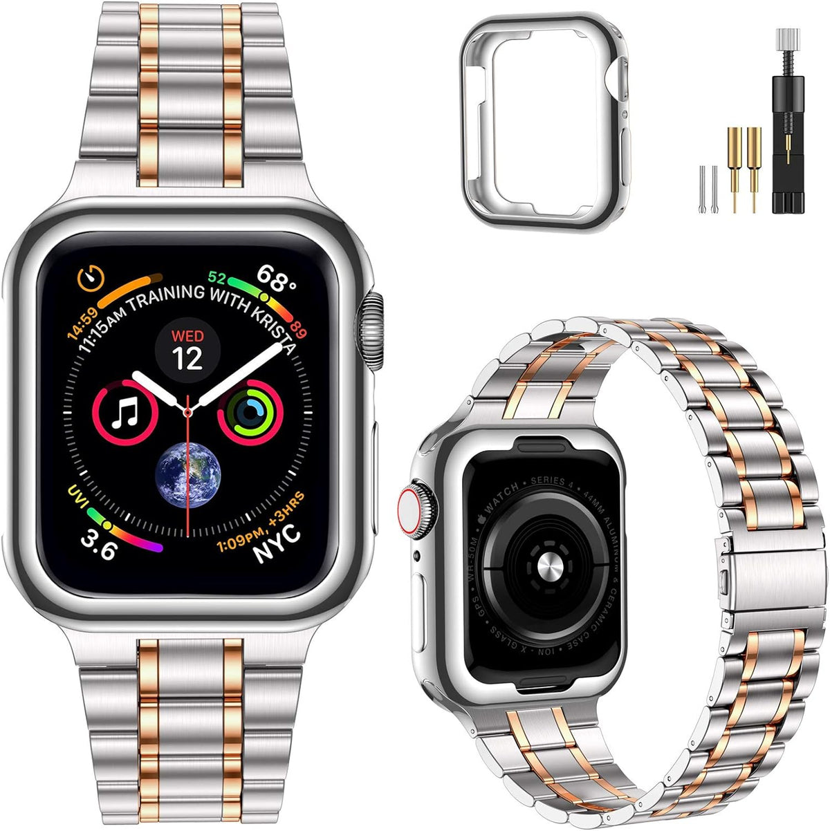 Miohhr Solid Stainless Steel Band Compatible with Apple Watch 44Mm(Series 6/5/4/SE), 42Mm (Series 3/2/1), Metal Strap with Soft TPU Case for Iwatch Bands for Women and Men, Gold