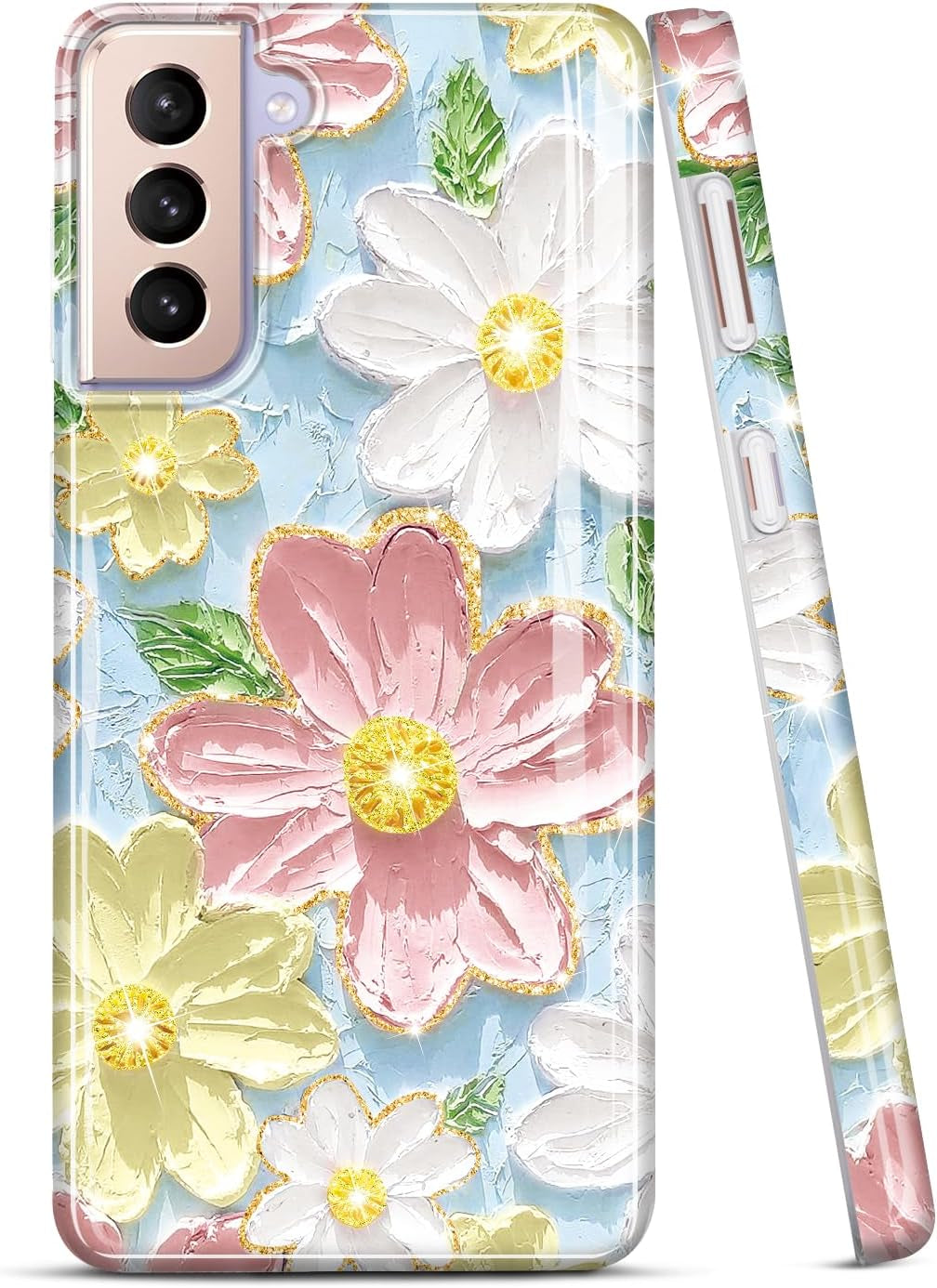 JIAXIUFEN Galaxy S21 Case Gold Sparkle Glitter Marble Slim Shockproof TPU Soft Rubber Silicone Cover Phone Case for Samsung Galaxy S21 5G 6.2 Inch 2021 Blue