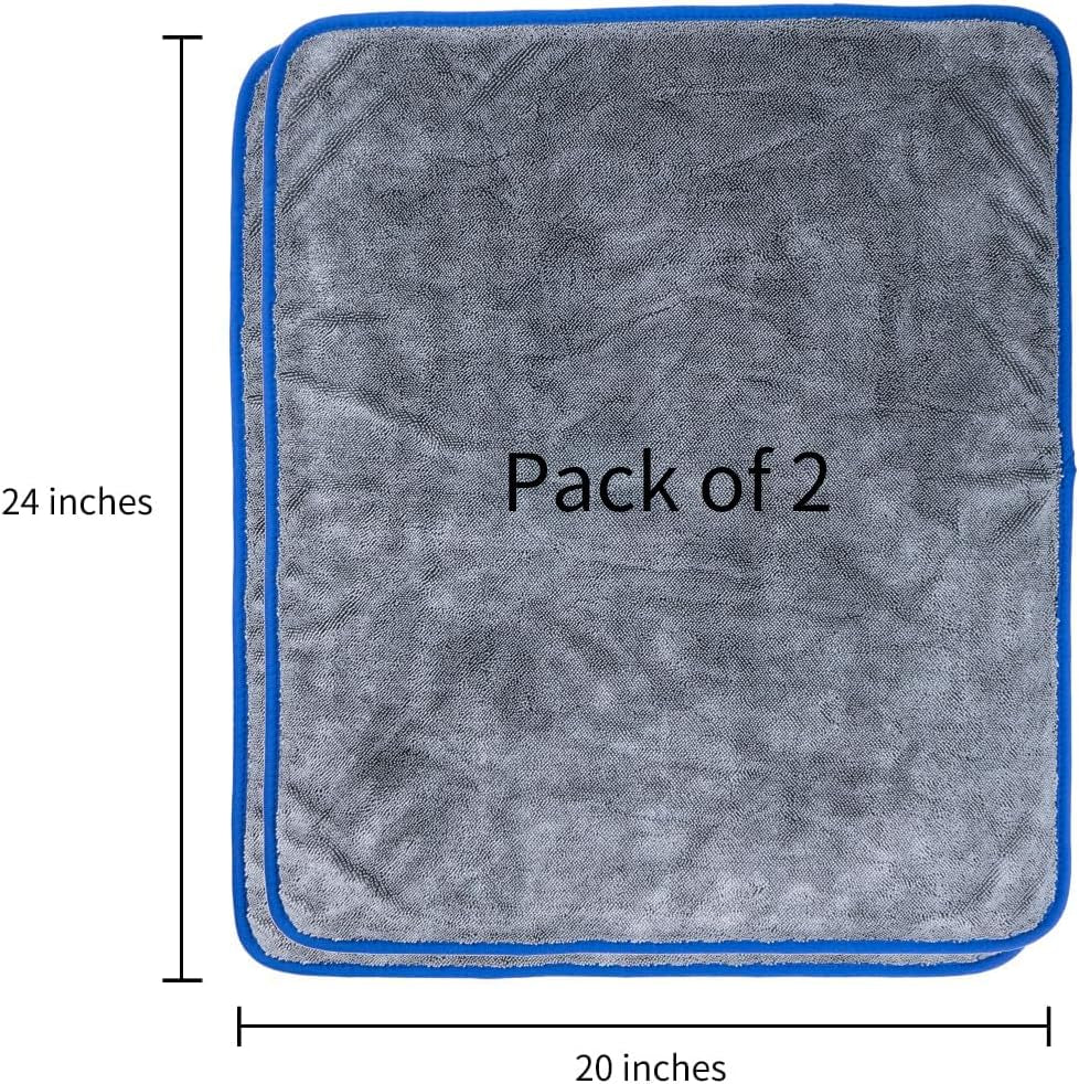 SHSCLY Microfiber Car Drying Towel Super Absorbent Twist Pile Car Towels Rapid Drying Large Cleaning Lint-Free Detailing Cloth Gray 20 X 24 Inches Pack of 2