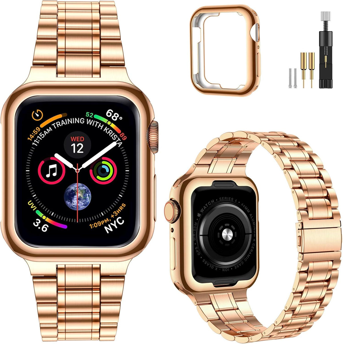 Miohhr Solid Stainless Steel Band Compatible with Apple Watch 44Mm(Series 6/5/4/SE), 42Mm (Series 3/2/1), Metal Strap with Soft TPU Case for Iwatch Bands for Women and Men, Gold