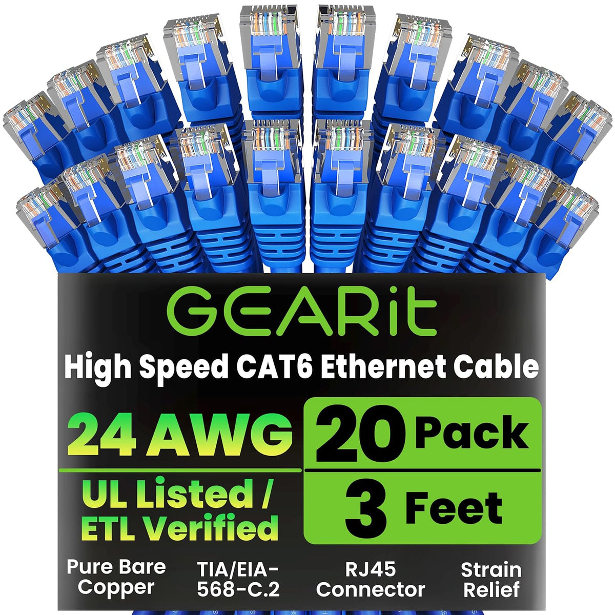 Gearit Cat 6 Ethernet Cable (10-Pack 10 Feet) Cat6 Network Patch, 10Gbps, RJ45, Snagless Cord, Gold-Plated Connectors, Internet for PC, TV, Tablet, Router, Printer, Servers, IT Data Center - Green