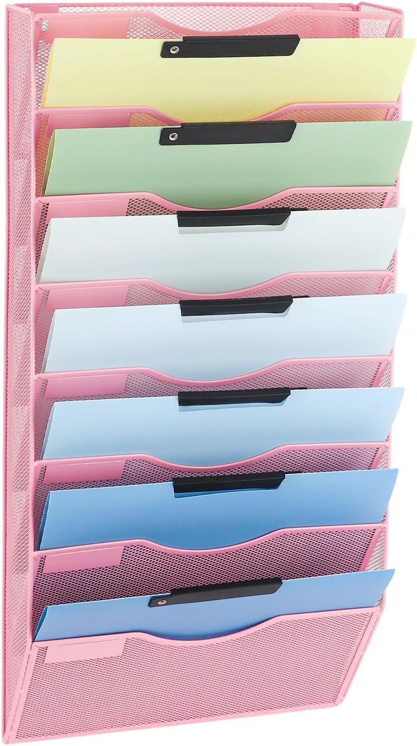 EASEPRES 8 Pocket Mesh Hanging Wall File Organizer, Wall Mounted Mail Paper Document Folder Holder, Clipboard Storage Organization Magazine Rack with Nametag Label for Office Home School, Black