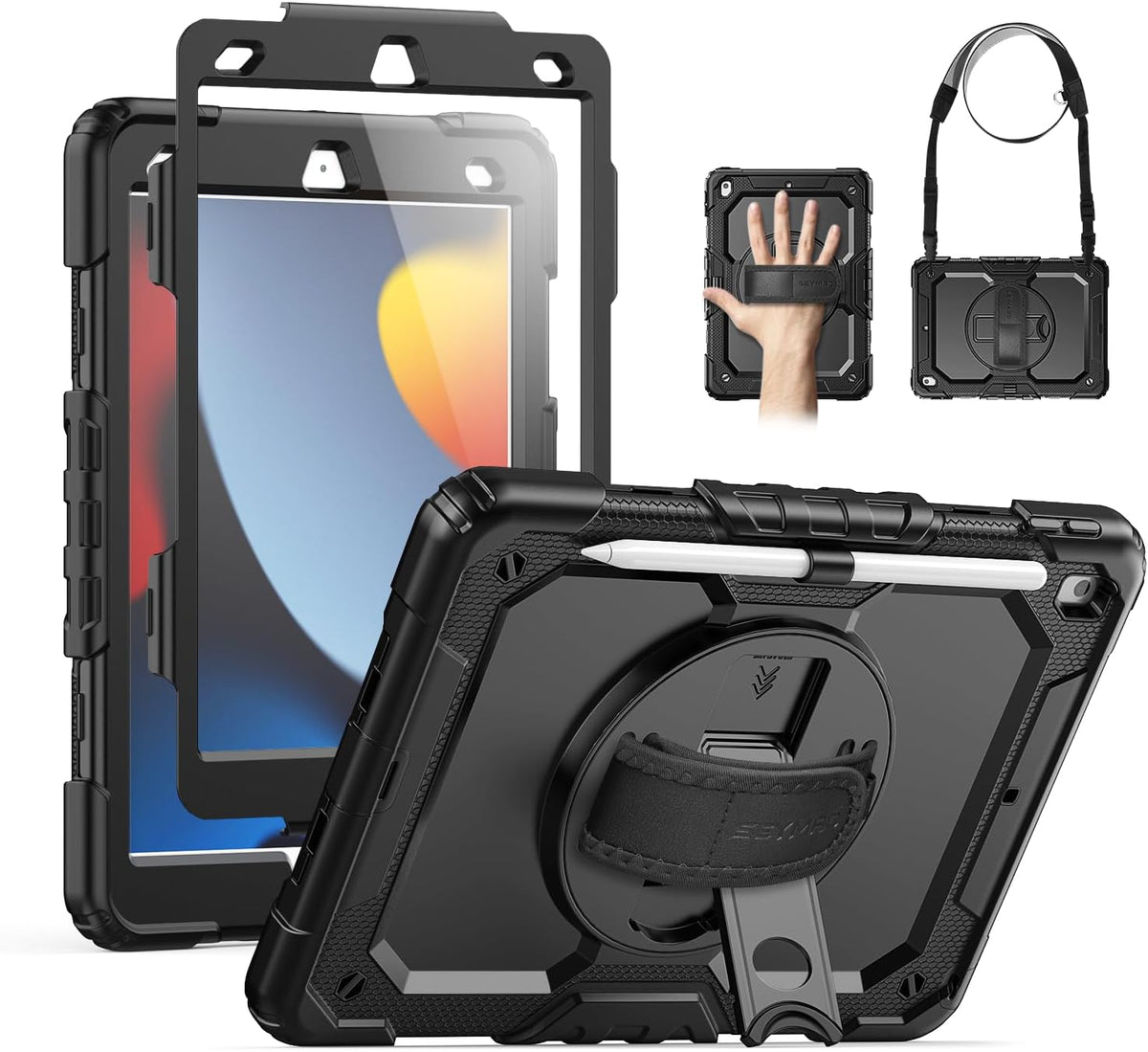 SEYMAC for Ipad 9Th/8Th/7Th Generation Case 10.2" 2021-2019, Full-Body Shockproof Heavy Duty Protective Case with Screen Protector, Rotating Stand/Handle/Shoulder Strap for Ipad 10.2, Black/Blue