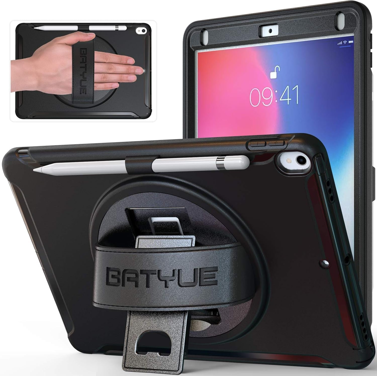 BATYUE Ipad Air 3Rd Generation Case 2019 / Ipad Pro 10.5 Inch Case 2017; Rugged Heavy Duty Protective Cover with Pencil Holder, 360° Swivel Stand, Shoulder Strap; for Kids (Navy Blue+Blue)